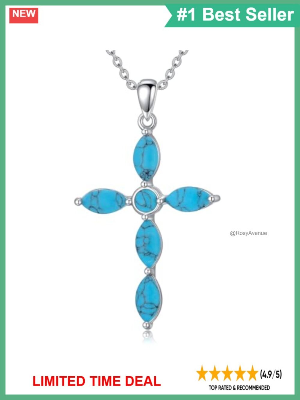 925 Sterling Silver Genuine Turquoise Cross Pendant Necklace Adjustable Chain